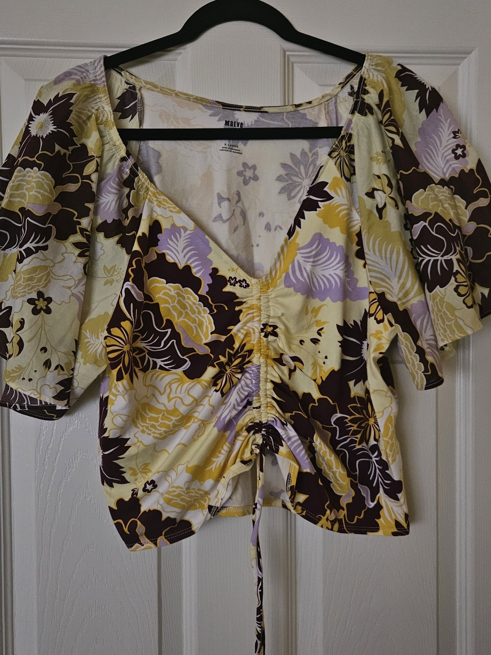 Maeve Floral Drawstring V-Neck Top in Yellow, Purple & Brown